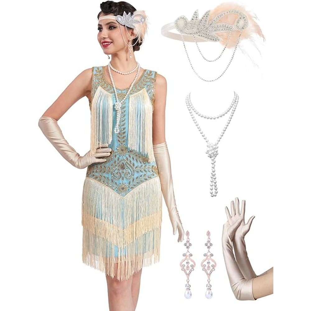 Women's Great Gatsby Flapper 1920's Classy Fringe Dress & Accessories Size XL